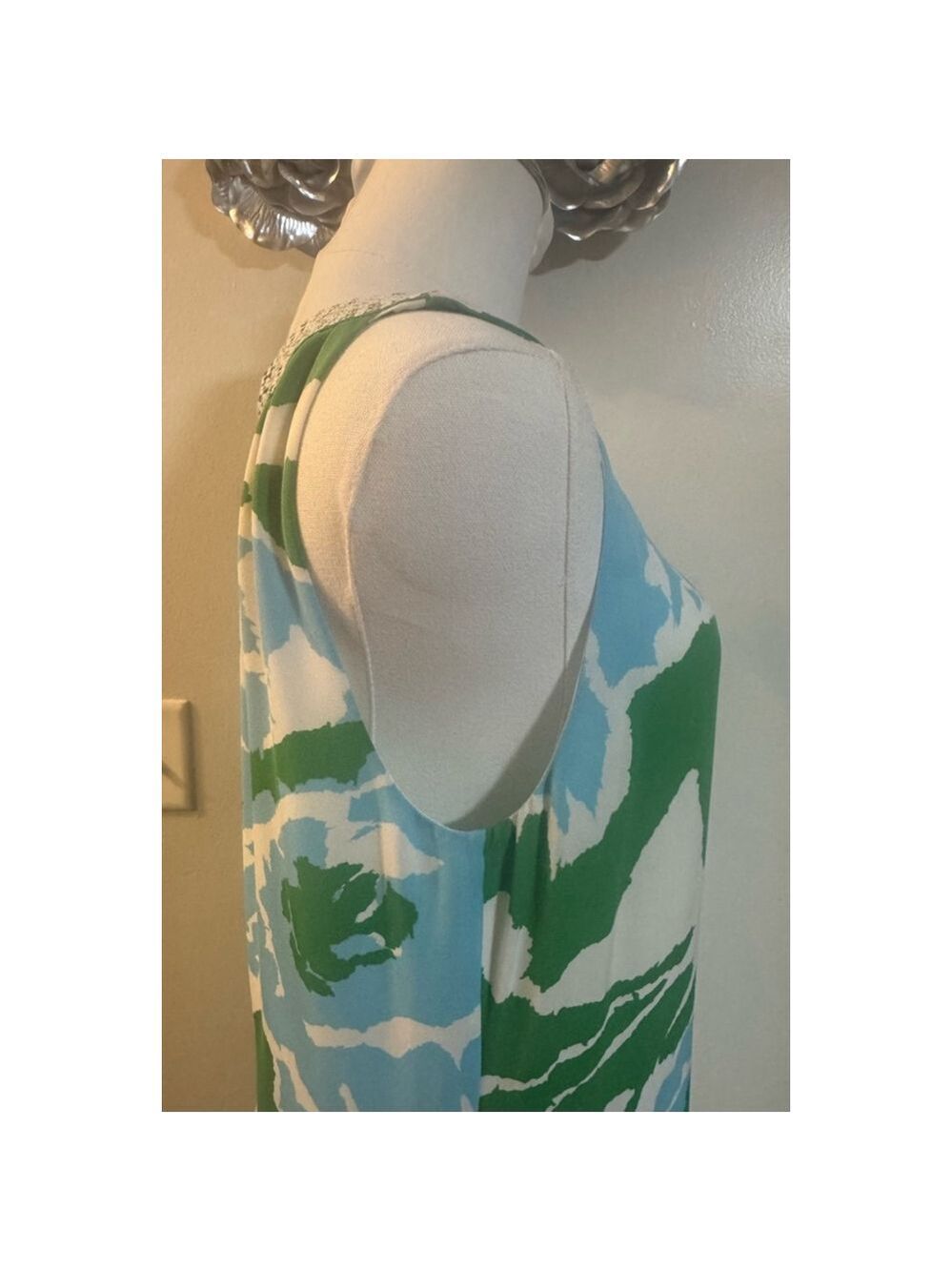 Tory Burch Silk Shift Dress – Size 12 – Sequin Neckline – Green Blue Floral Prin - Picture 3 of 7